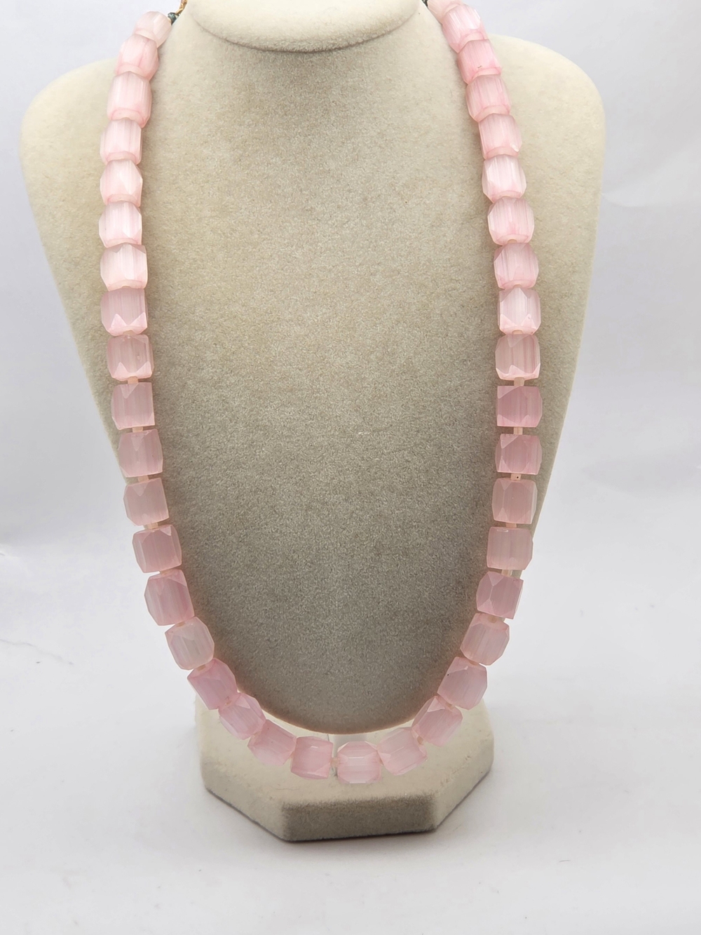 Vintage Pink Cat's Eye Quartz Barrel Bead Statement Necklace 23"